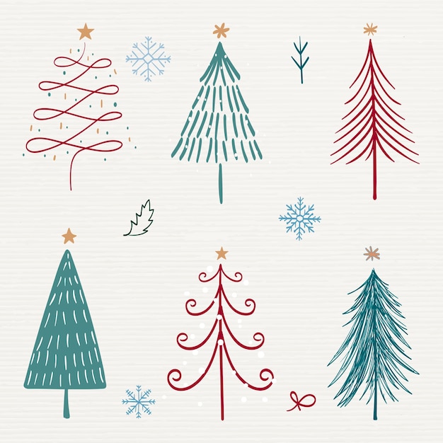 Free vector christmas doodle sticker, cute tree and animal illustration in red and green vector set