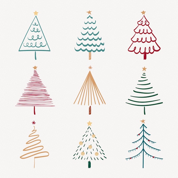 Christmas doodle sticker, cute tree and animal illustration in red and green vector set