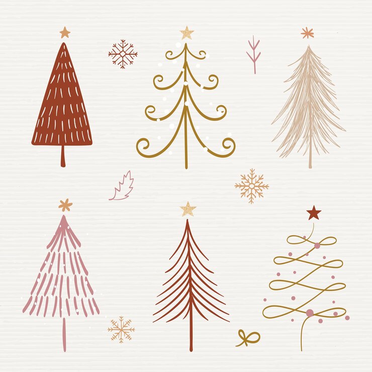 Free Vector christmas doodle sticker, cute tree and animal illustration vector collection