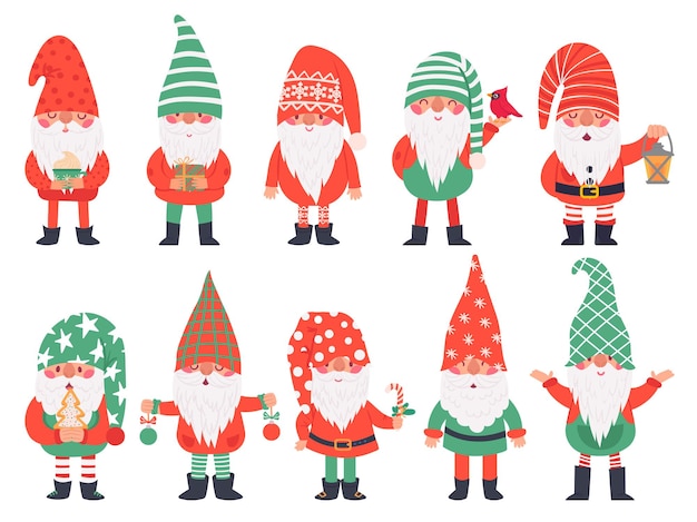 Christmas dwarfs. funny fabulous gnomes in red costumes  xmas gnome with lantern traditional decoration  winter holiday vector characters. illustration christmas dwarf character collection