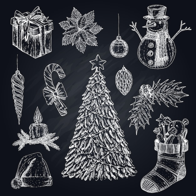 Free vector christmas elements on chalkboard set