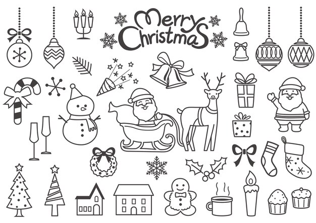 Christmas Elements Vector Line Drawing Set Isolated On A White Background