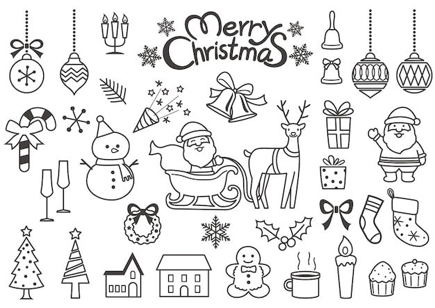 Christmas Elements Vector Line Drawing Set Isolated On A White Background