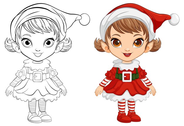 Christmas Elf Girl Illustration and Coloring Page