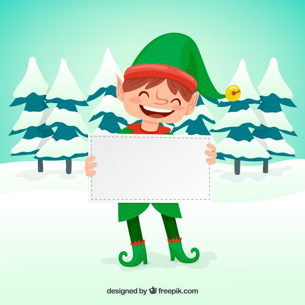 Christmas elf holding a white card