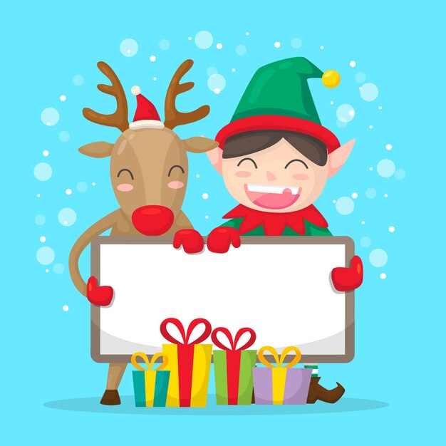 Free vector christmas elf and reindeer holding blank banner