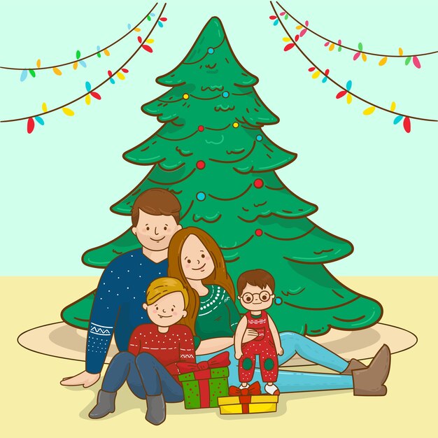 Christmas family scene concept in hand drawn Vector | Free Download