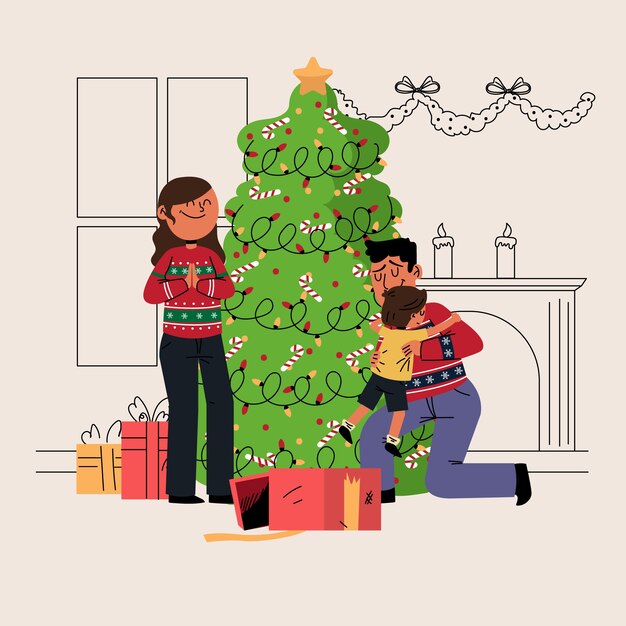 Christmas family scene concept in hand drawn