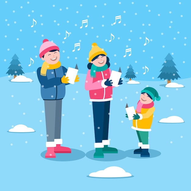 Free vector christmas family scene singing carols in the snow