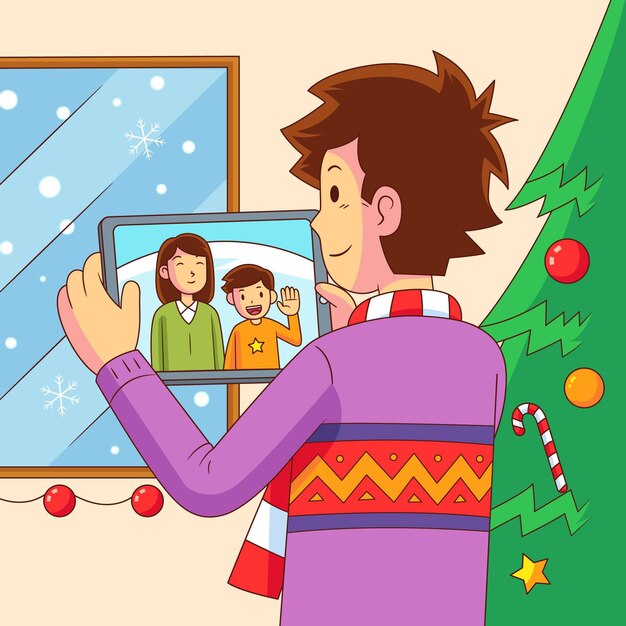 タブレットでクリスマス家族のビデオ通話のイラスト