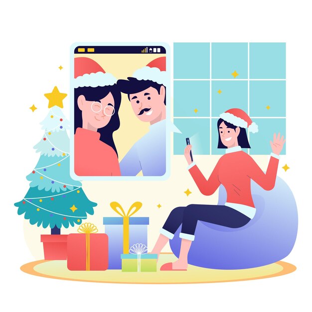 クリスマス家族のビデオ通話のイラスト