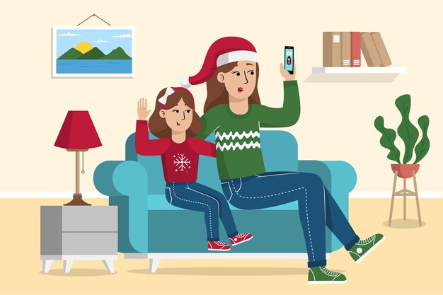 Christmas family videocall illustration