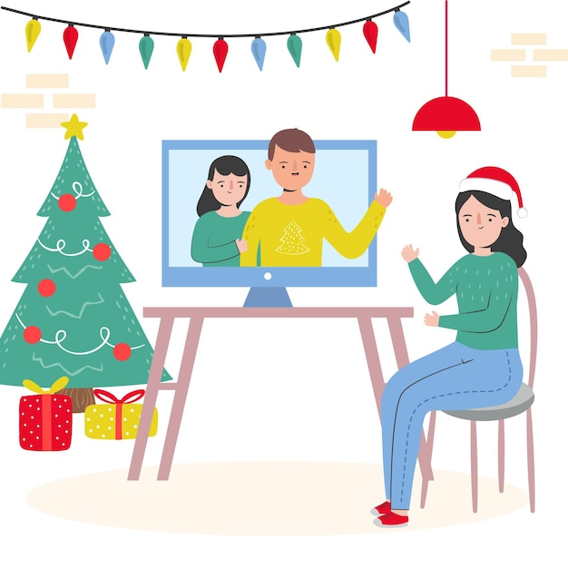 Free vector christmas family videocall