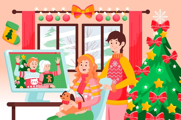 Free vector christmas family videocall