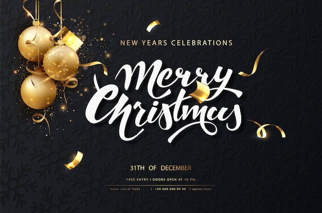 免费矢量圣诞节日黑卡。黑暗的圣诞背景用金色的球,花环,和新年灯装点