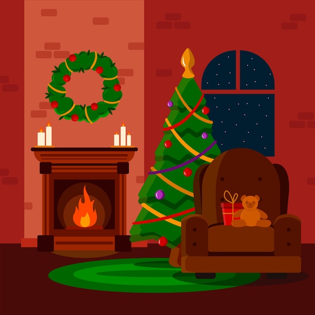 Christmas fireplace scene concept in flat design