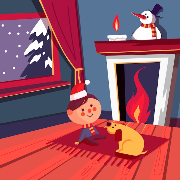 Christmas fireplace scene concept in flat design