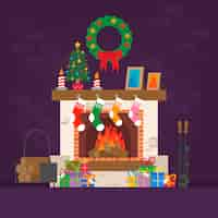 Free vector christmas fireplace scene concept in flat design