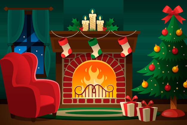 Christmas fireplace scene concept in flat design