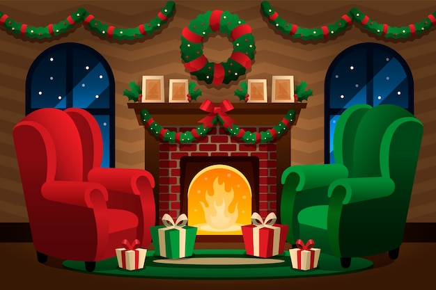 Free vector christmas fireplace scene concept in flat design