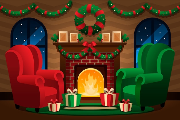 Christmas fireplace scene concept in flat design