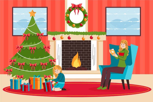 Christmas fireplace scene concept in hand drawn