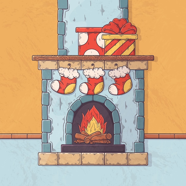 Free vector christmas fireplace scene concept in hand drawn