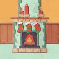 Free vector christmas fireplace scene concept in hand drawn