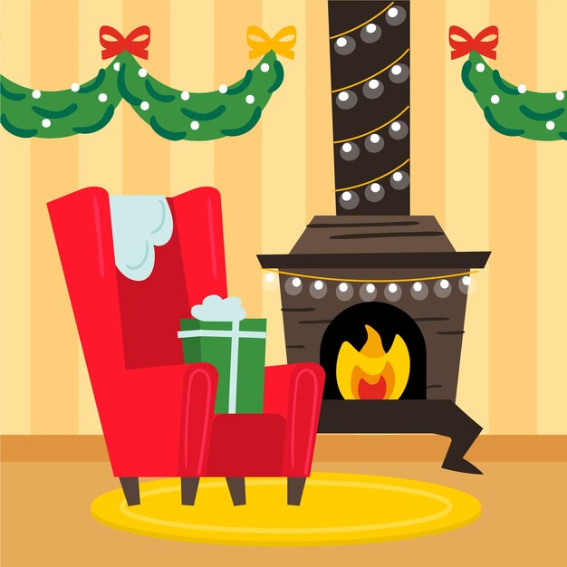 手描きのクリスマス暖炉シーンコンセプト