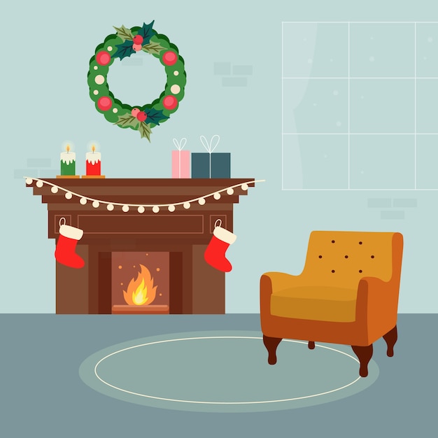 Free vector christmas fireplace scene concept in hand drawn