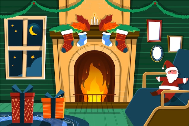 Christmas fireplace scene concept in hand drawn