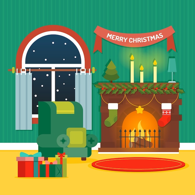 Бесплатное векторное изображение Рождественская сцена камина в плоском дизайне