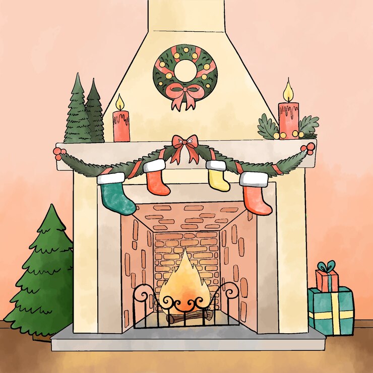 Free Vector christmas fireplace scene concept in watercolor