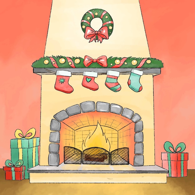 Christmas fireplace scene concept in watercolor