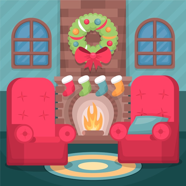 Christmas fireplace scene in flat design