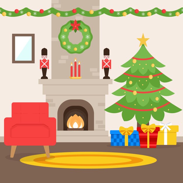 Free vector christmas fireplace scene in flat design