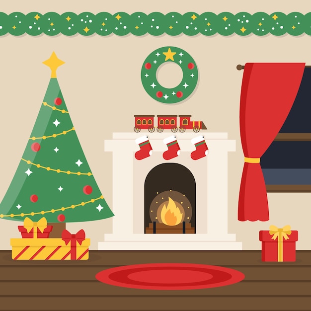 Free vector christmas fireplace scene in flat design