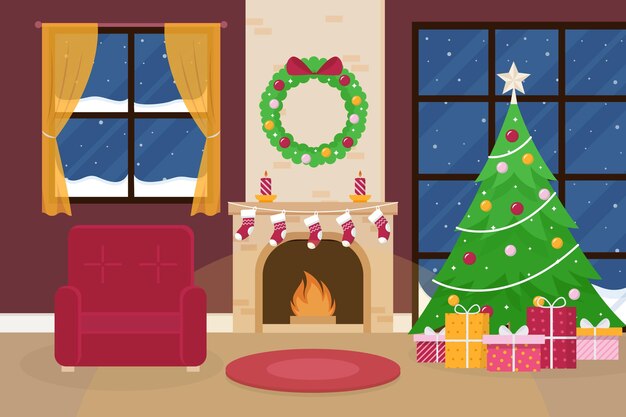 Christmas fireplace scene in flat design