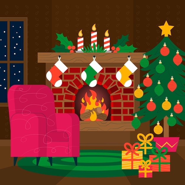 Free vector christmas fireplace scene in flat design