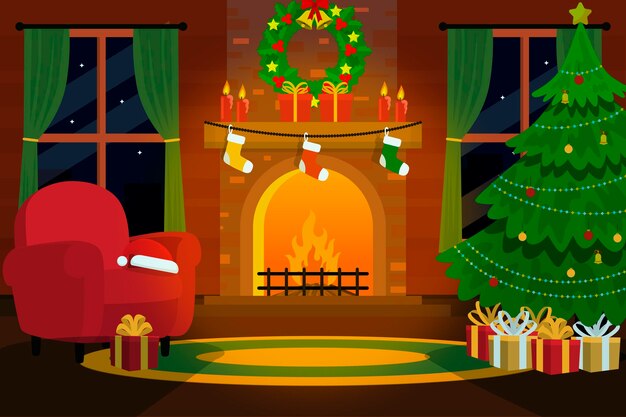 フラットなデザインのクリスマス暖炉のシーン