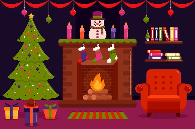 Christmas fireplace scene in flat design