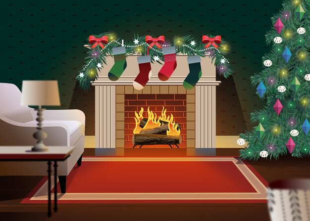 Christmas fireplace scene in flat design