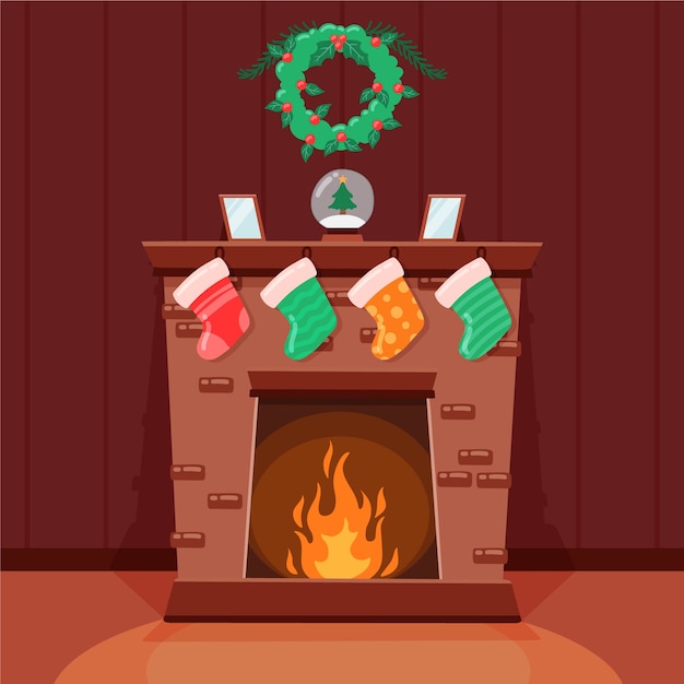 Free vector christmas fireplace scene in hand drawn