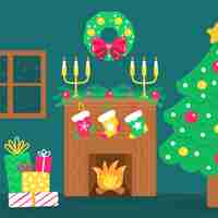 Free vector christmas fireplace scene with socks and gifts