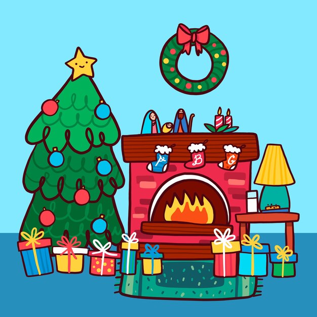 Christmas fireplace scene with tree and wreath