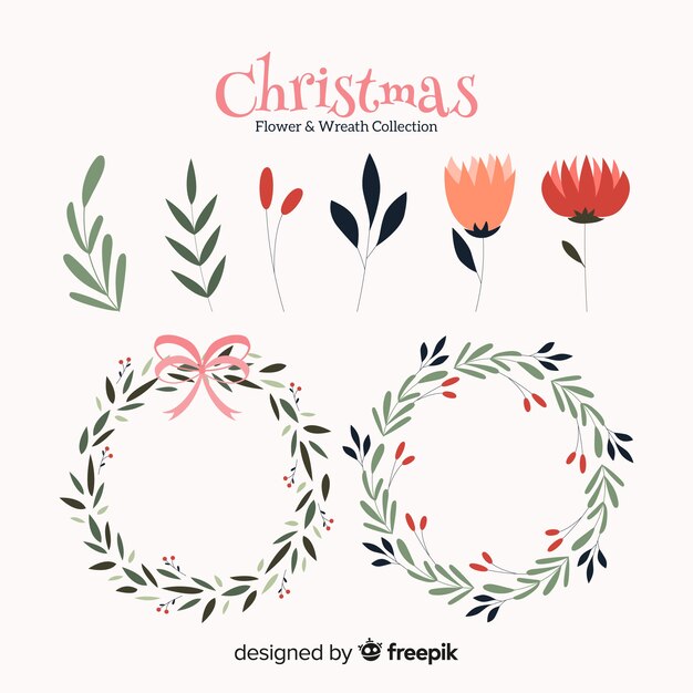 Рождественская коллекция цветов и венков в плоском дизайне