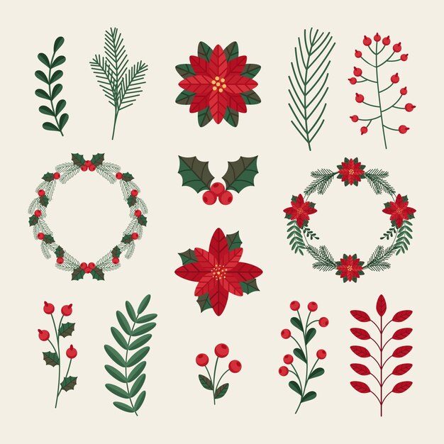 Christmas flower & wreath collection in flat design