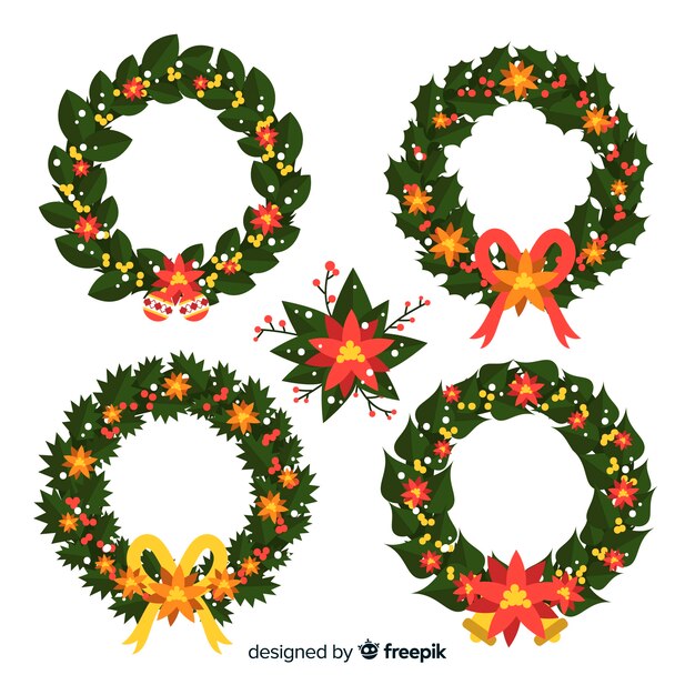 Бесплатное векторное изображение Рождественская коллекция цветов и венков в плоском дизайне