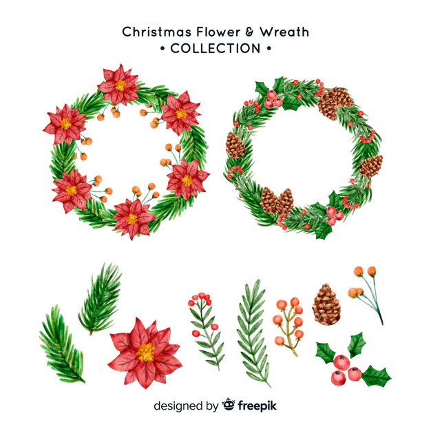 Christmas  flowers and wreaths set