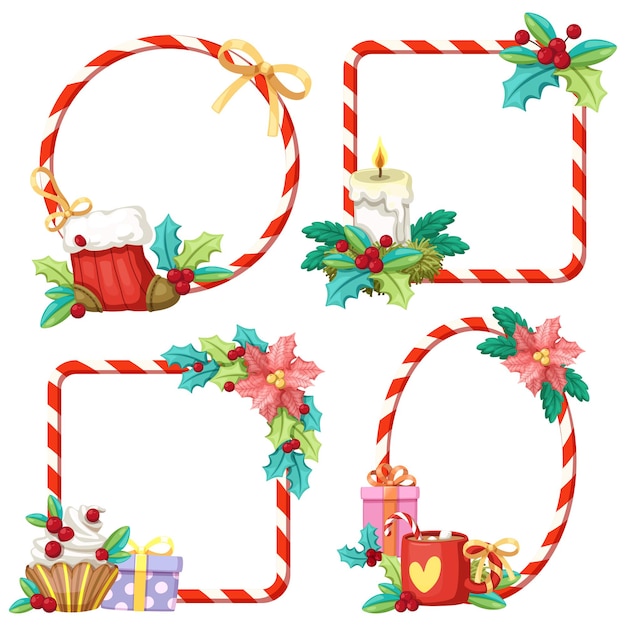 녹색 잎, 빨간 베리, 선물 상자, 꽃, 양말, 컵케이크, 머그, 활이 있는 크리스마스 프레임 사각형 및 원